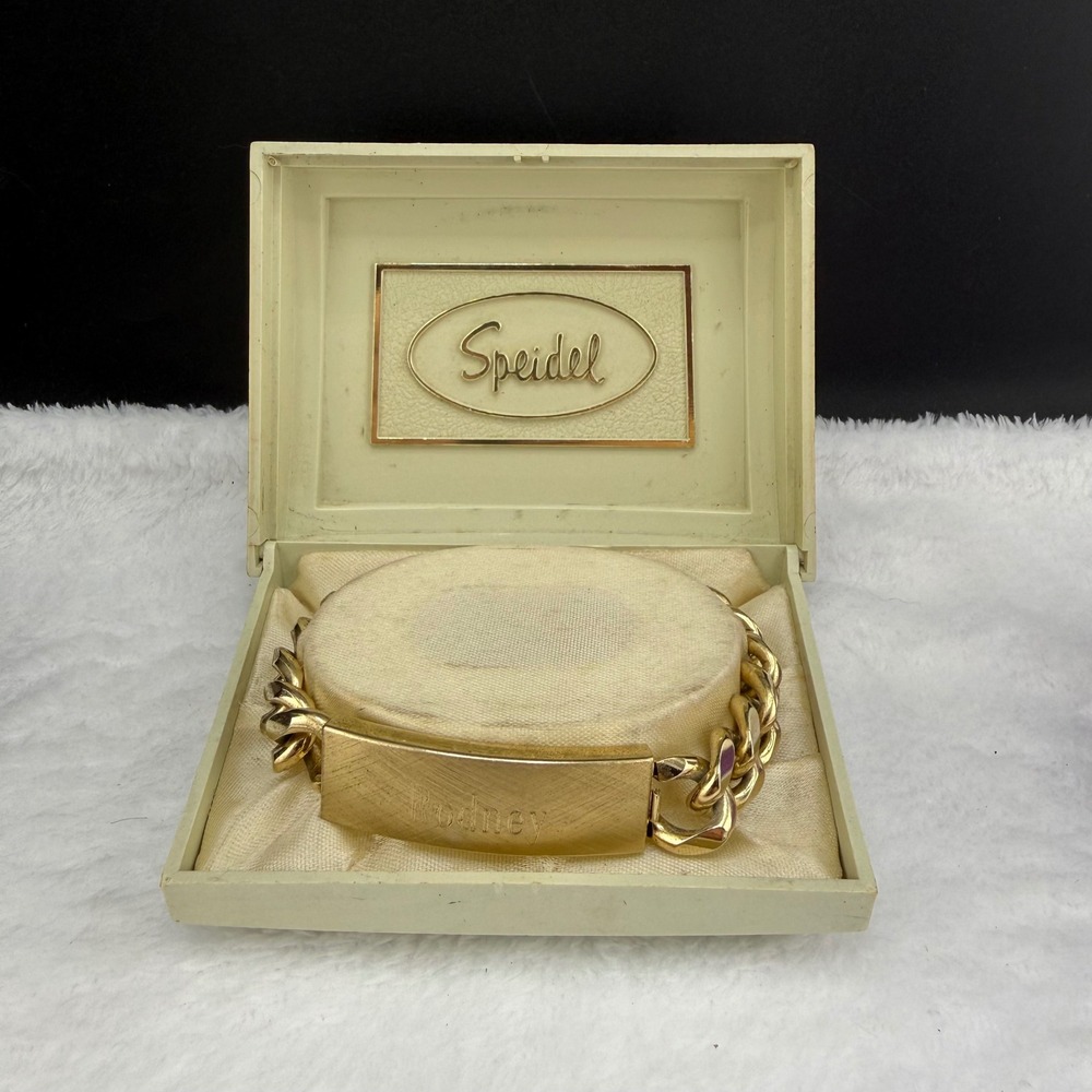 Vintage Speidel ID Bracelet Gold Tone Chunky Curb Rodney Engraved 1978 8" READ